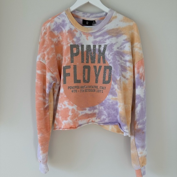 Pink Floyd Graphic Sweatshirt Pink Orange Tie Dye Cropped Crew Neck Pullover - Picture 2 of 7
